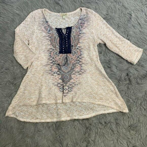 One World Live and Let Live boho Tunic Sz Medium ivory blue elbow sleeve top - Picture 3 of 10